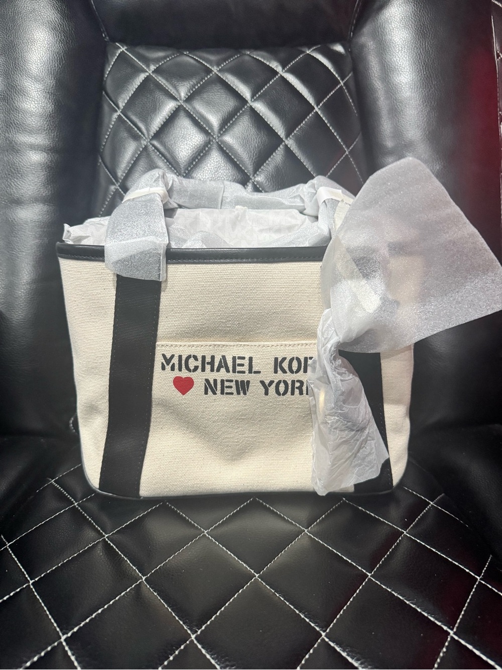 Michael Kors Cream Canvas Tote with Black Straps and Red Heart